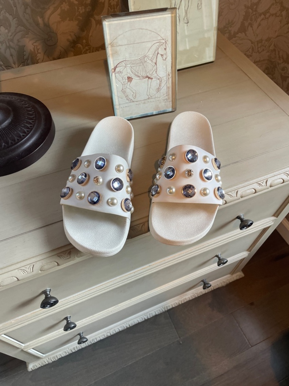 White Jeweled Slide Sandals for Women Tory Burch 10